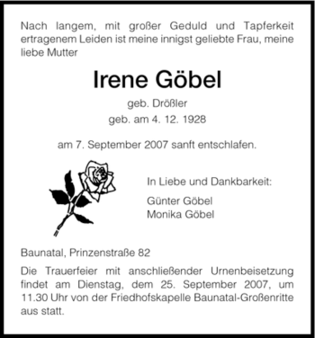 Traueranzeige von Irene Göbel von HNA