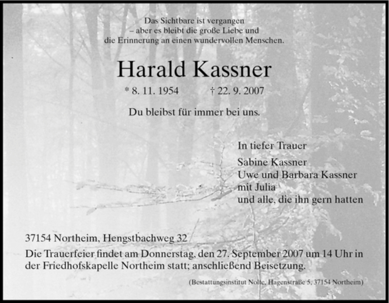  Traueranzeige für Harald Kassner vom 25.09.2007 aus HNA