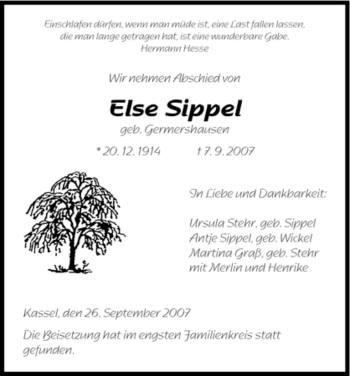 Traueranzeige von Else Sippel von HNA