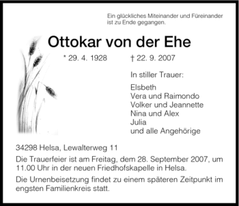 Traueranzeige von Ottokar von der Ehe von HNA