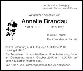 Traueranzeige von Annelie Brandau von HNA
