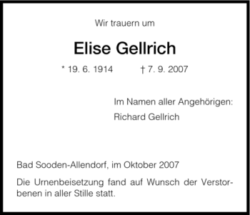 Traueranzeige von Elise Gellrich von HNA