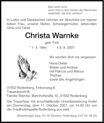 Traueranzeige von Christa Warnke von HNA