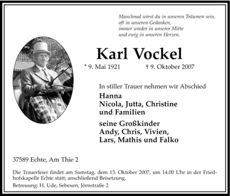 Traueranzeige für Karl Vockel vom 12.10.2007 aus HNA