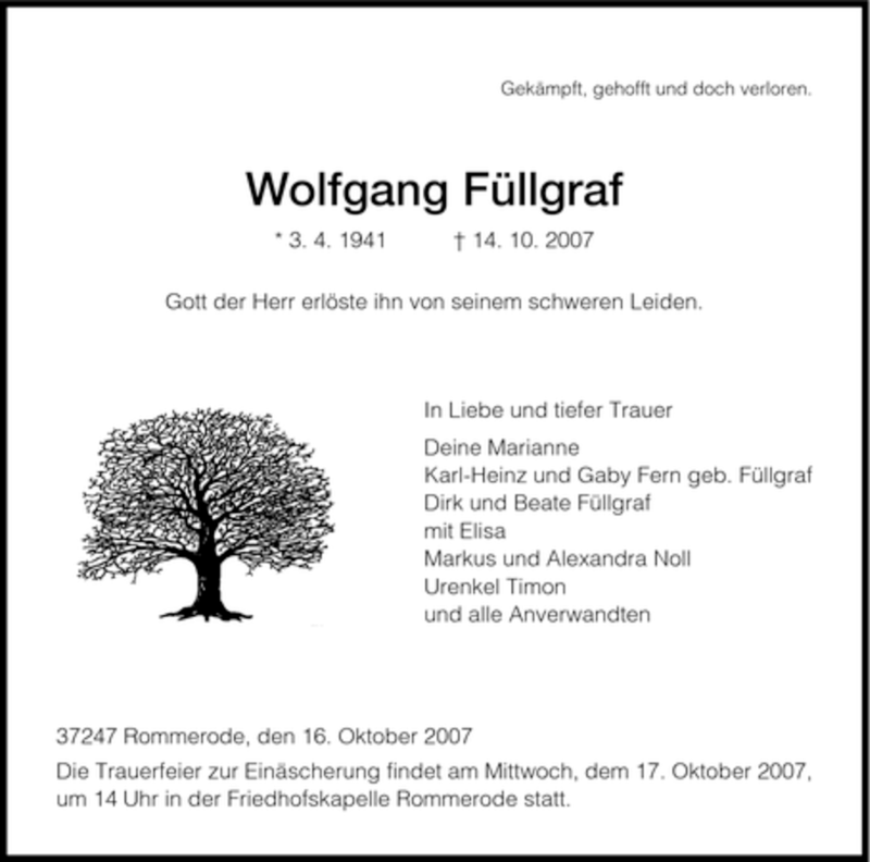  Traueranzeige für Wolfgang Füllgraf vom 16.10.2007 aus HNA