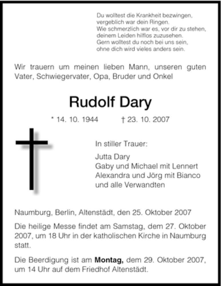 Traueranzeigen Von Rudolf Dary Trauer Hna De