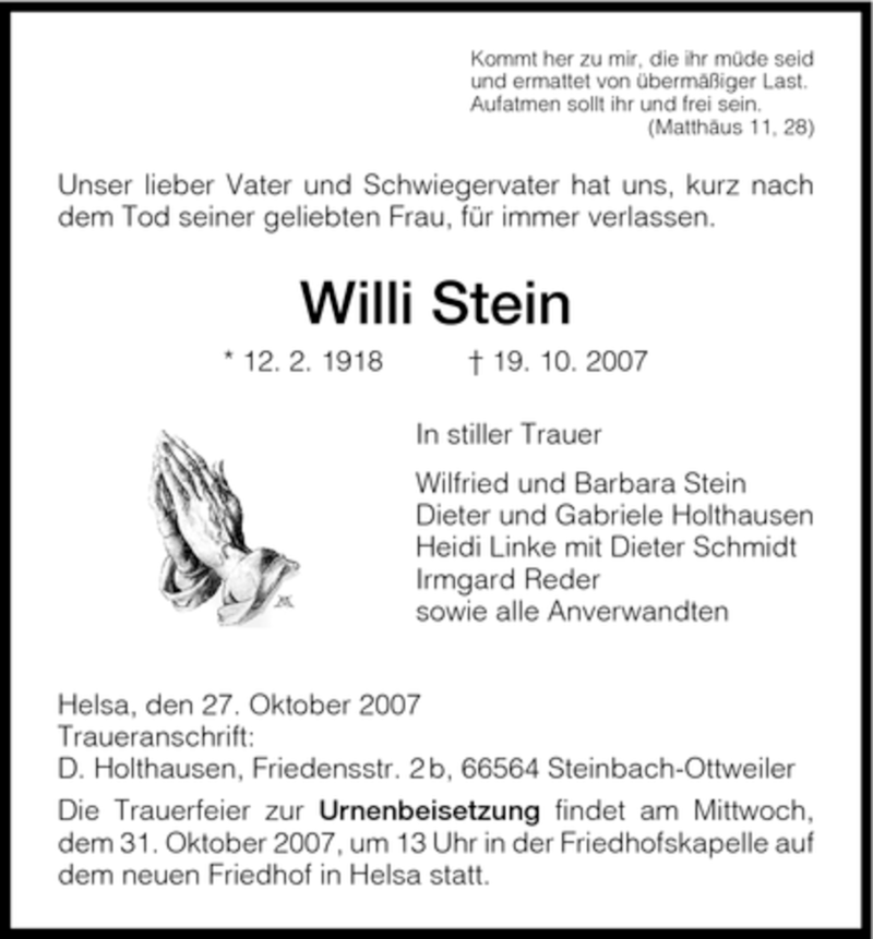  Traueranzeige für Willi Stein vom 27.10.2007 aus HNA