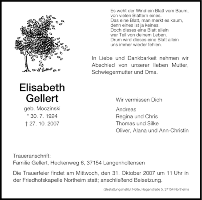  Traueranzeige für Elisabeth Gellert vom 30.10.2007 aus HNA