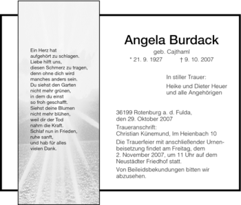 Traueranzeige von Angela Burdack von HNA
