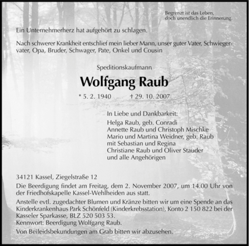  Traueranzeige für Wolfgang Raub vom 31.10.2007 aus HNA
