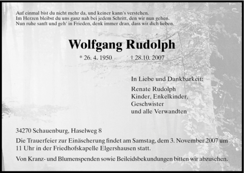  Traueranzeige für Wolfgang Rudolph vom 31.10.2007 aus HNA