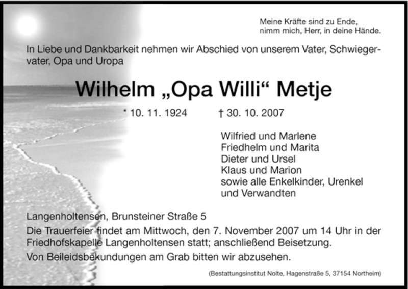  Traueranzeige für Wilhelm Metje vom 03.11.2007 aus HNA