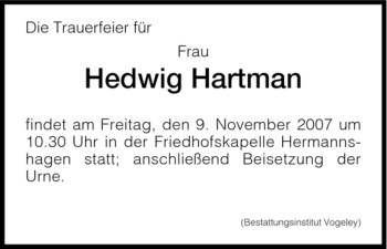 Traueranzeige von Hedwig Hartman von HNA