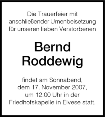 Traueranzeige von Bernd Roddewig von HNA