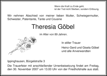 Traueranzeige von Theresia Göbel von HNA