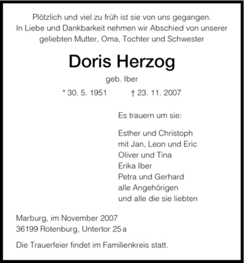  Traueranzeige für Doris Herzog vom 28.11.2007 aus HNA