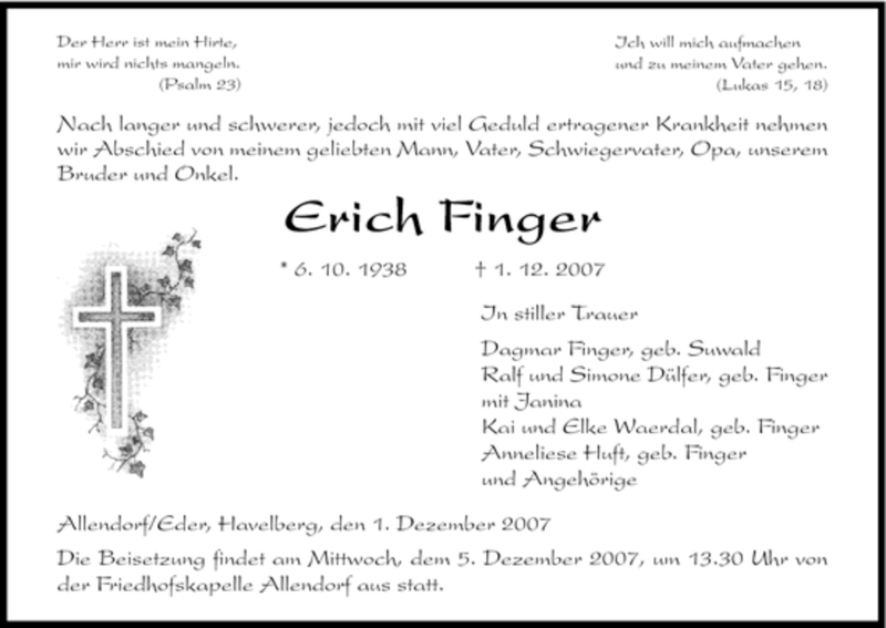  Traueranzeige für Erich Finger vom 03.12.2007 aus HNA