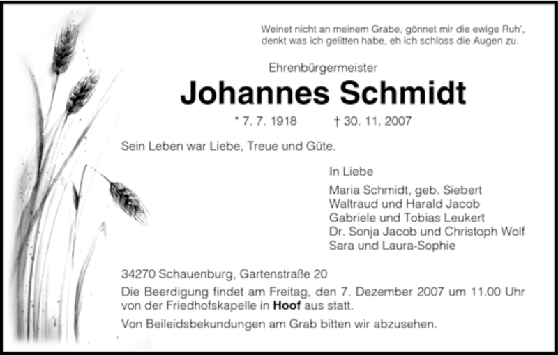  Traueranzeige für Johannes Schmidt vom 04.12.2007 aus HNA