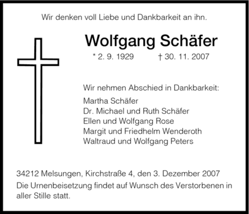  Traueranzeige für Wolfgang Schäfer vom 04.12.2007 aus HNA