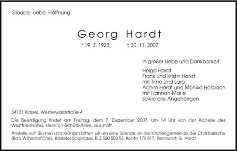  Traueranzeige für Georg Hardt vom 04.12.2007 aus HNA