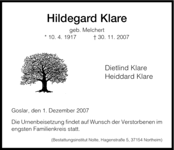 Traueranzeige von Hildegard Klare von HNA