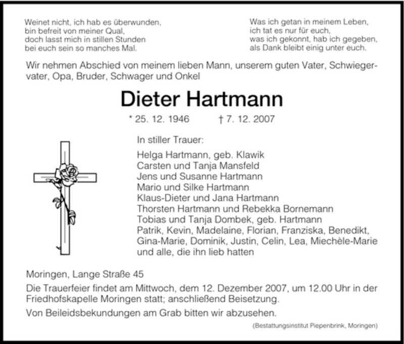  Traueranzeige für Dieter Hartmann vom 10.12.2007 aus HNA