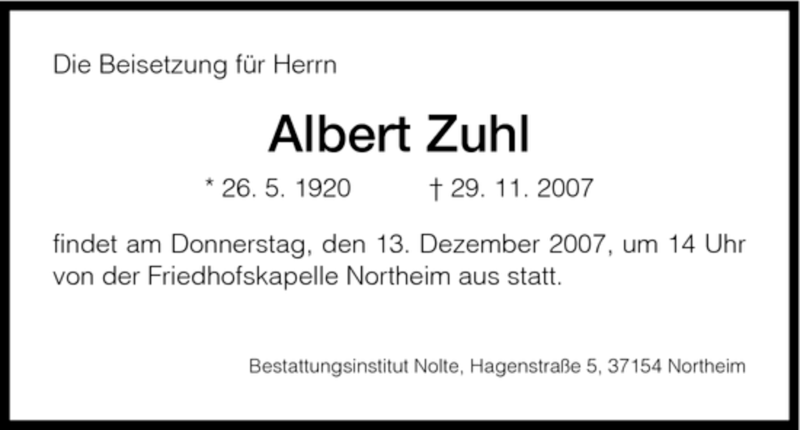  Traueranzeige für Albert Zuhl vom 12.12.2007 aus HNA