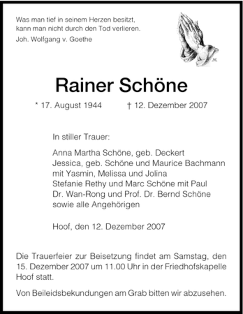 Traueranzeigen Von Rainer Schone Trauer Hna De