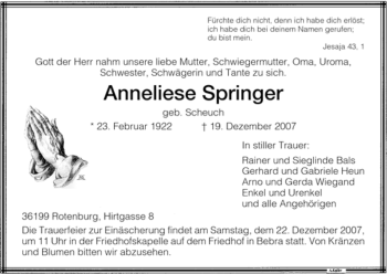 Traueranzeige von Anneliese Springer von HNA