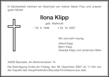 Traueranzeige von Ilona Klipp von HNA