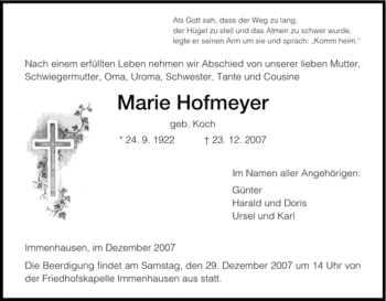 Traueranzeige von Marie Hofmeyer von HNA