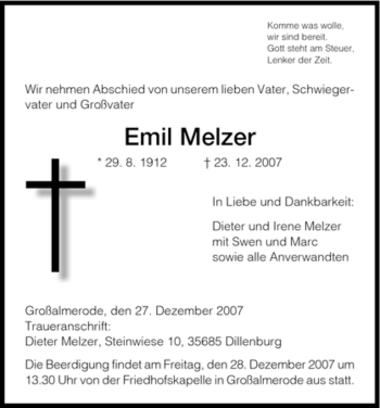 Traueranzeige von Emil Melzer von HNA