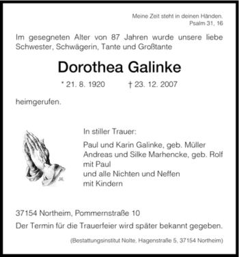 Traueranzeige von Dorothea Galinke von HNA