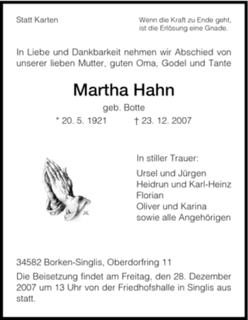 Traueranzeige von Martha Hahn von HNA