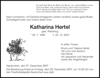 Traueranzeige von Katharina Hertel von HNA