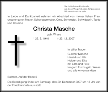 Traueranzeige von Christa Masche von HNA