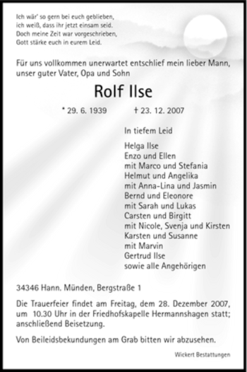 Traueranzeige von Rolf Ilse von HNA