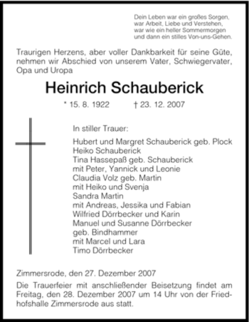 Traueranzeige von Heinrich Schauberick von HNA