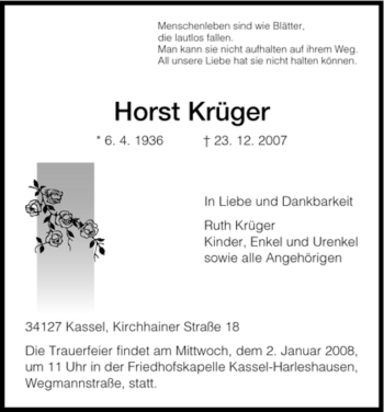 Traueranzeige von Horst Krueger von HNA