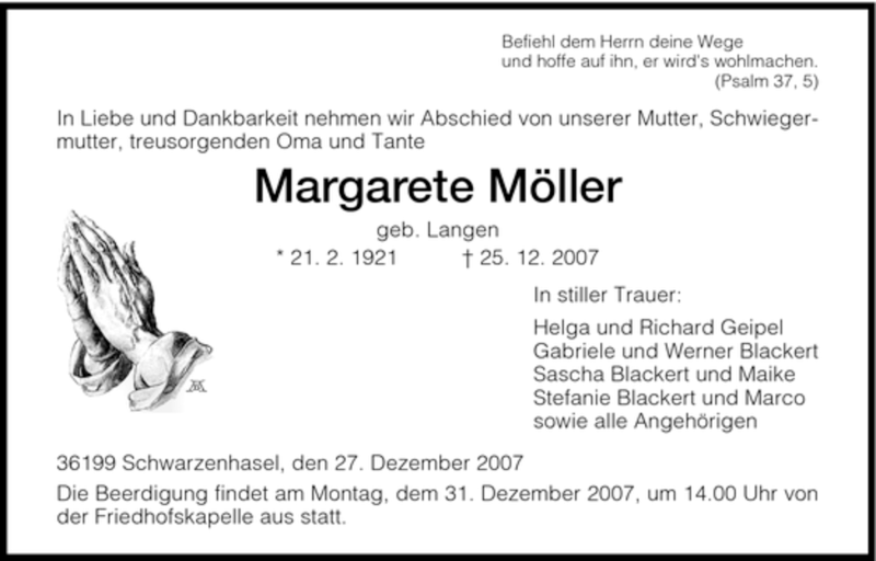  Traueranzeige für Margarete Moeller vom 28.12.2007 aus HNA