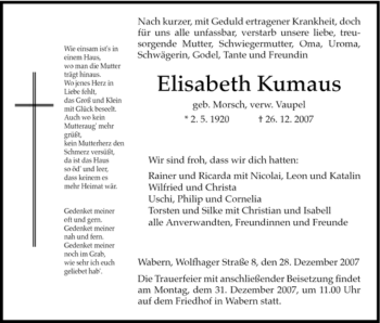 Traueranzeige von Elisabeth Kumaus von HNA