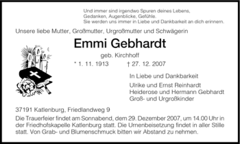 Traueranzeige von Emmi Gebhardt von HNA