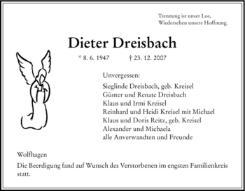 Traueranzeige von Dieter Dreisbach von HNA