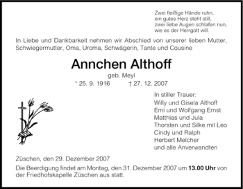 Traueranzeige von Annchen Althoff von HNA