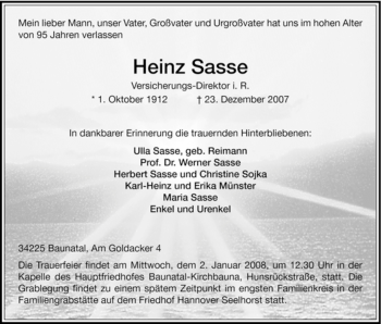 Traueranzeige von Heinz Sasse von HNA