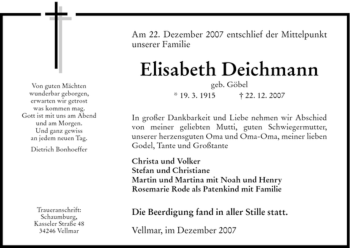 Traueranzeige von Elisabeth Deichmann von HNA