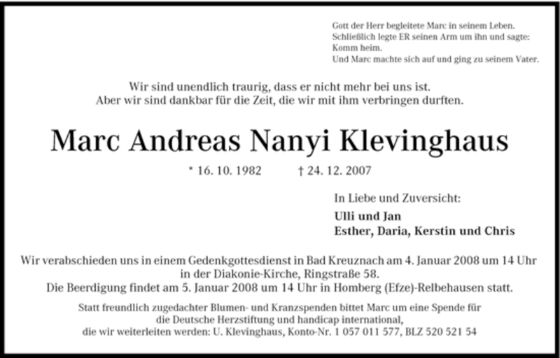  Traueranzeige für Marc Andreas Nanyi Klevinghaus vom 29.12.2007 aus HNA