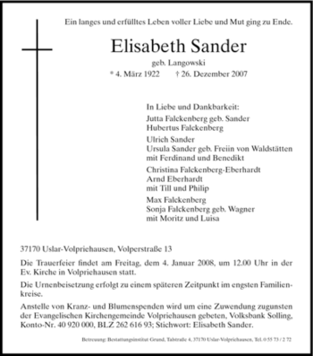 Traueranzeige von Elisabeth Sander von HNA