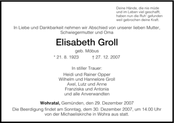 Traueranzeige von Elisabeth Groll von HNA