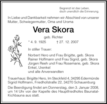 Traueranzeige von Vera Skora von HNA